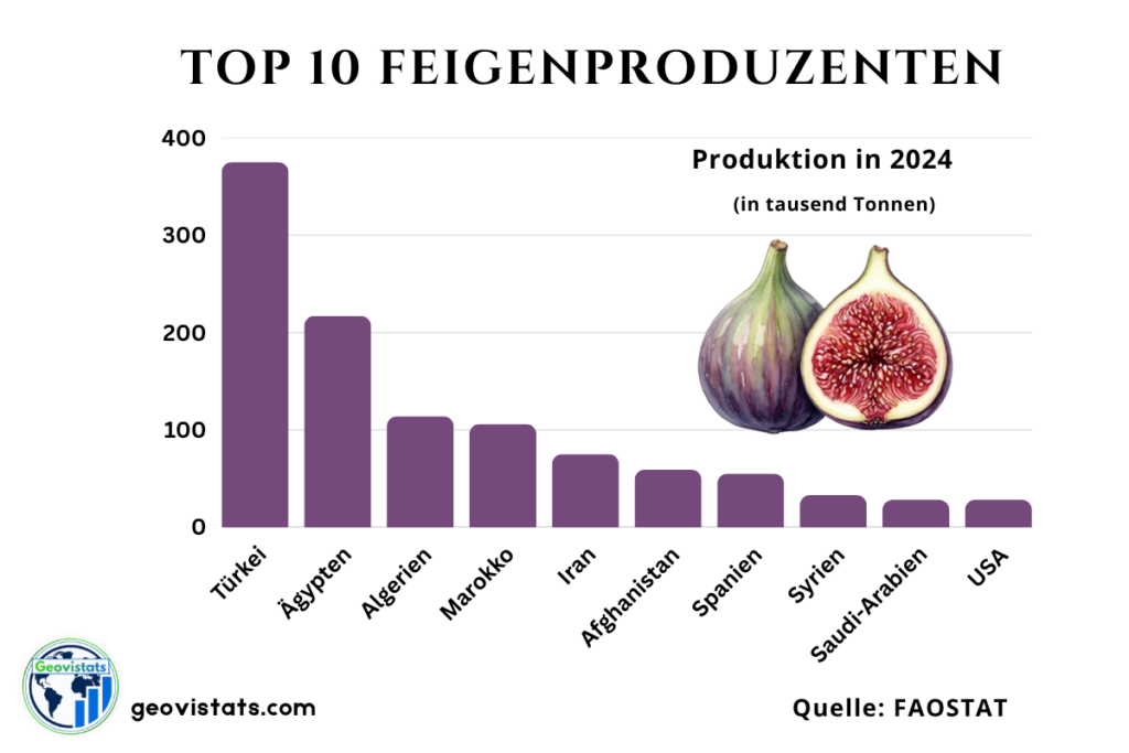 Diagramm der Top 10 Feigenproduzenten weltweit mit Produktionsmengen in tausend Tonnen, angeführt von der Türkei.
