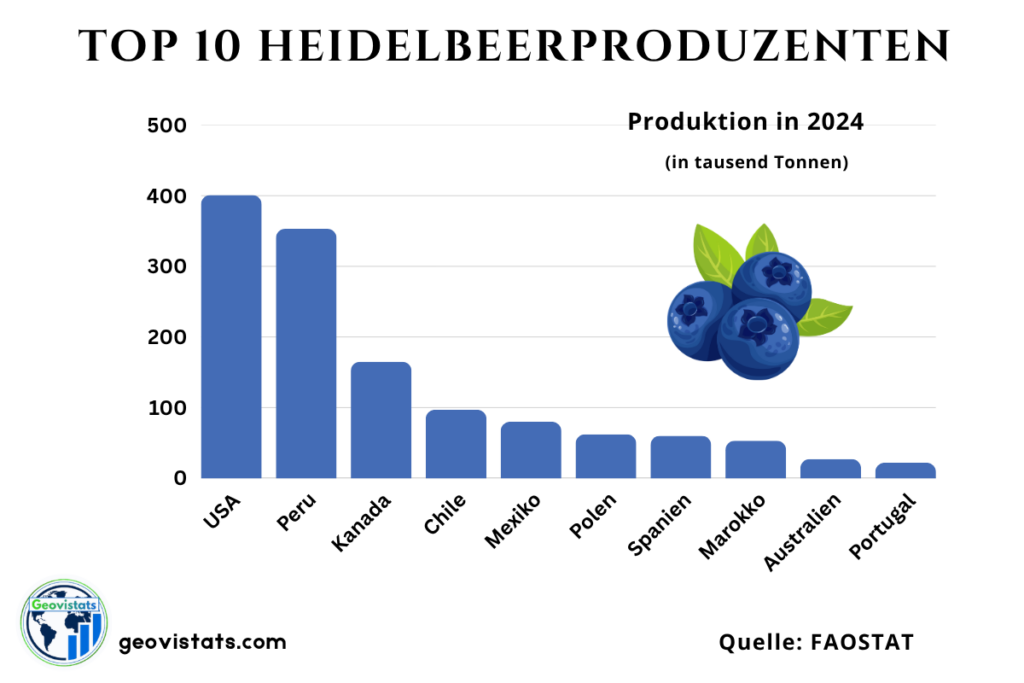 Die Top 10 Heidelbeerproduzenten: USA, Peru, Kanada, Chile, Mexiko, Polen, Spanien, Marokko, Australien, Portugal mit Produktionsmengen in Tausend Tonnen.