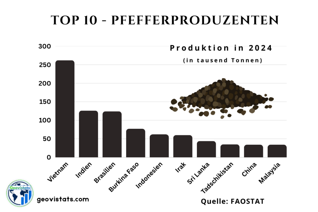 Top 10 Pfefferproduzenten weltweit mit Produktionsmengen in Tausend Tonnen, von Vietnam über Brasilien bis Tadschikistan.