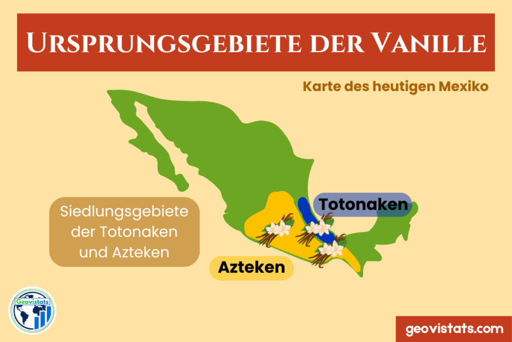 Karte von Mexiko mit blau gekennzeichneten Siedlungsgebieten der Totonaken und gelb markierten Siedlungsgebieten der Azteken.