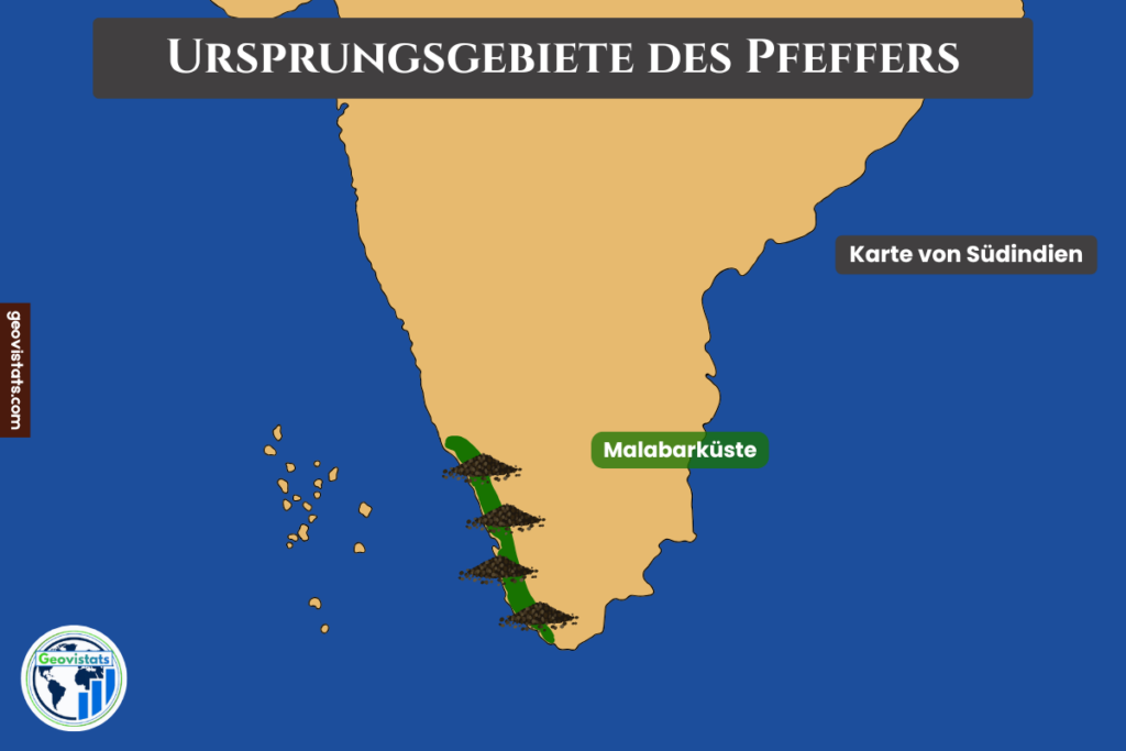Karte von Südindien mit der Malabarküste und den historischen Ursprungsgebieten des Pfeffers.