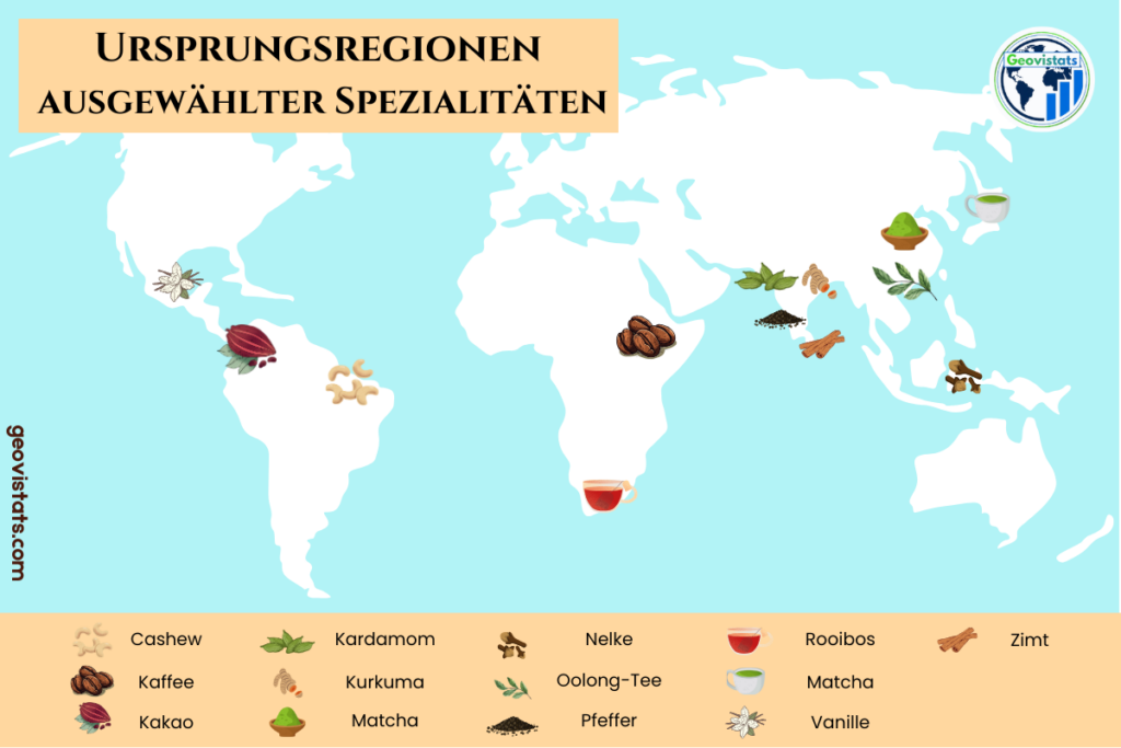 Weltkarte mit Ursprungsländern von Spezialitäten wie Kaffee, Kakao, Cashew, Vanille, Tee und Gewürzen.