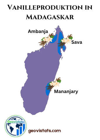 Karte von Madagaskar mit blau gekennzeichneten Vanille-Anbaugebieten.
