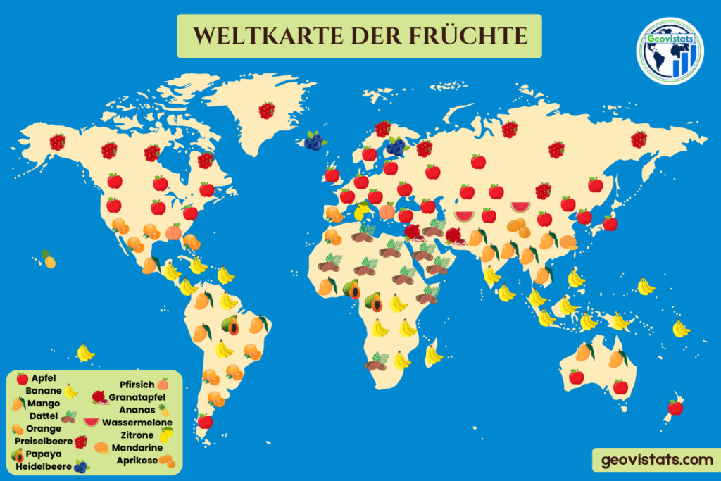 Weltkarte mit Symbolen der wichtigsten Früchte pro Region.