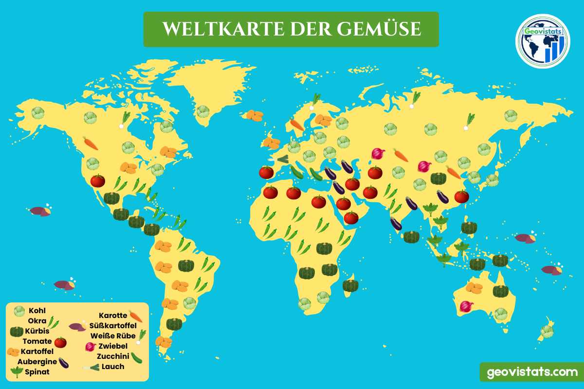 Weltkarte mit typischen Gemüsesorten aus verschiedenen Regionen der Erde