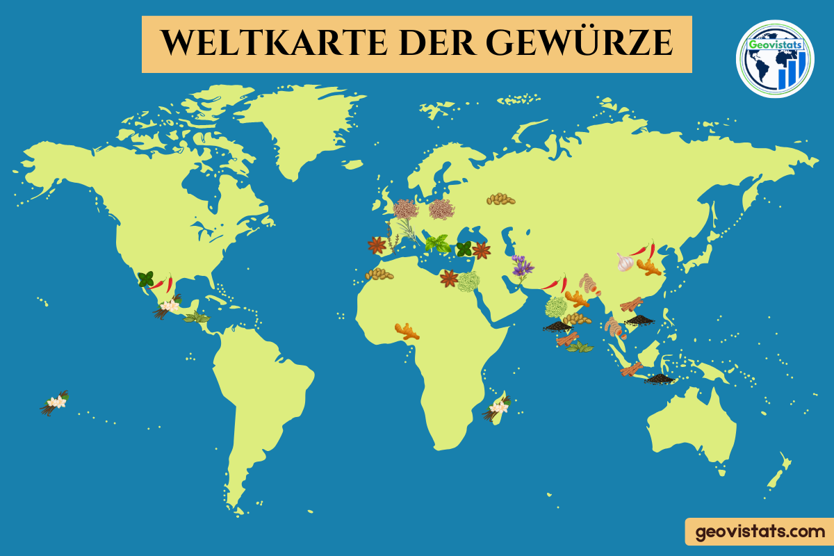 Weltkarte der Gewürze mit Herkunftsländern von Safran, Vanille, Zimt, Pfeffer, Kardamom, Chili, Kurkuma und weiteren beliebten Gewürzen aus Asien, Europa, Afrika und Südamerika.