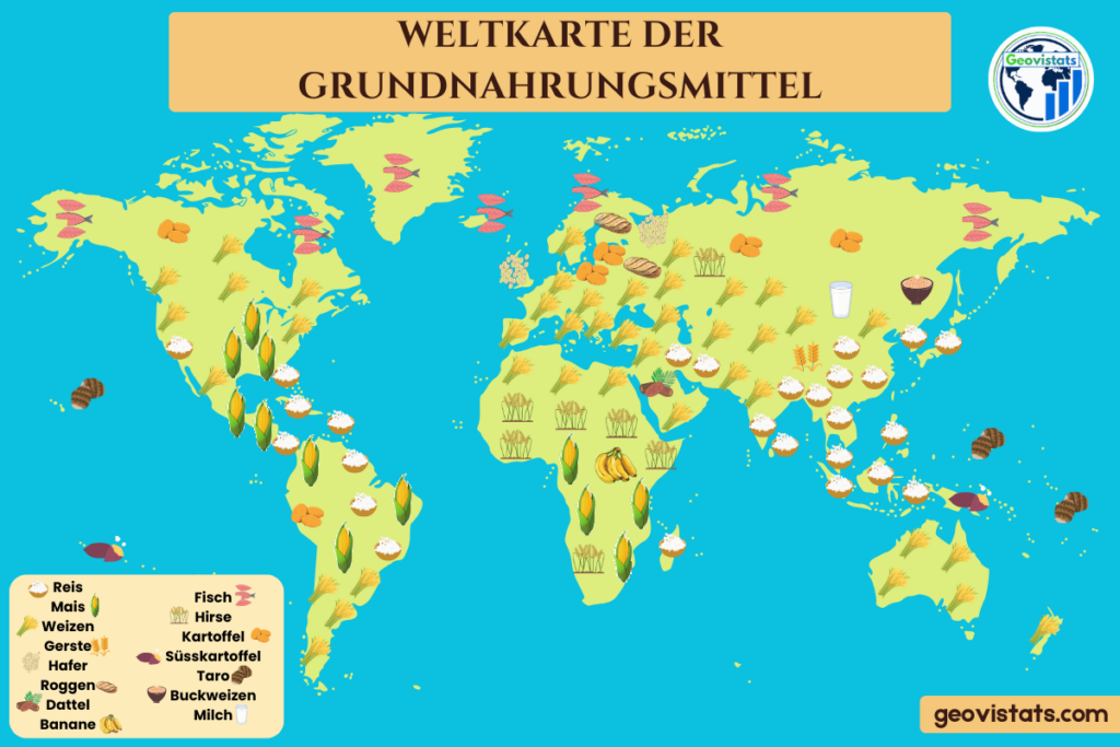 Weltkarte der Grundnahrungsmittel mit Anbaugebieten von Reis, Weizen, Mais, Kartoffeln und weiteren Hauptnahrungsmitteln