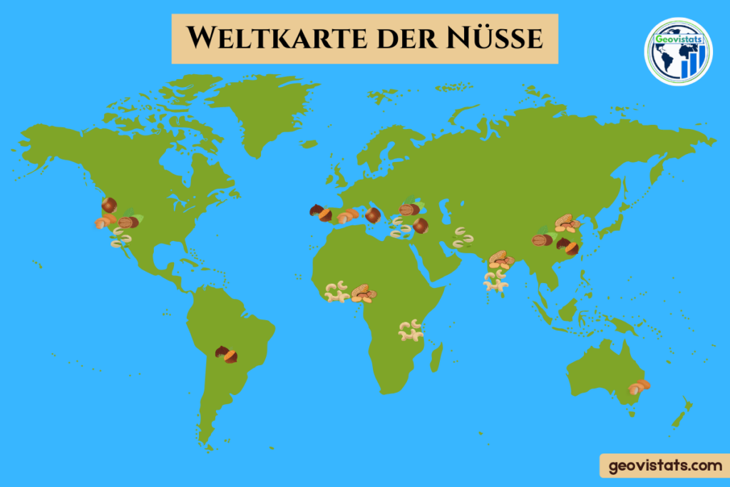 Weltkarte der Nüsse mit den wichtigsten Produktionsländern von Mandeln, Haselnüssen, Walnüssen, Cashews, Pistazien, etc...