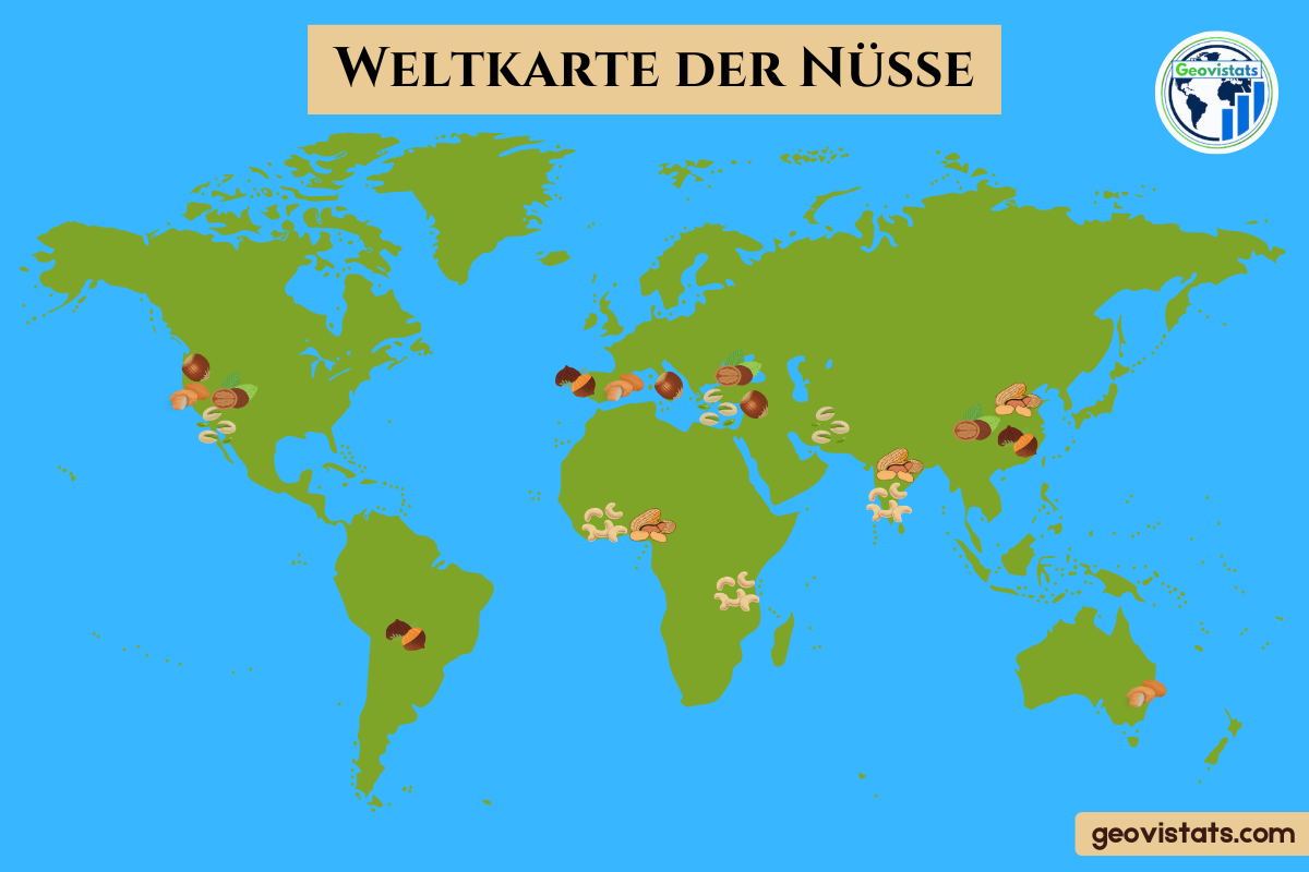 Weltkarte der Nüsse mit den wichtigsten Produktionsländern von Mandeln, Haselnüssen, Walnüssen, Cashews, Pistazien, etc...