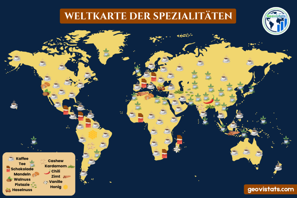 Weltkarte der Genuss-Spezialitäten mit Kaffee, Tee, Schokolade, Nüssen, Gewürzen und Honig nach Regionen.