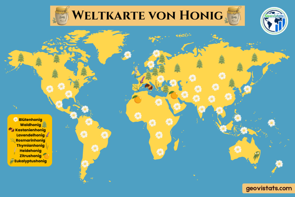Weltkarte von Honig mit Blüten-, Wald- und Spezialhonigen aus verschiedenen Regionen