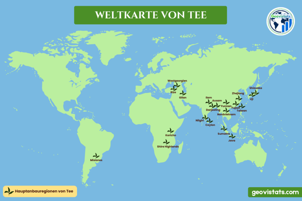 Weltkarte der wichtigsten Teeanbaugebiete mit Regionen wie Assam, Darjeeling, Yunnan, Zhejiang, Ceylon, Rize und Shizuoka